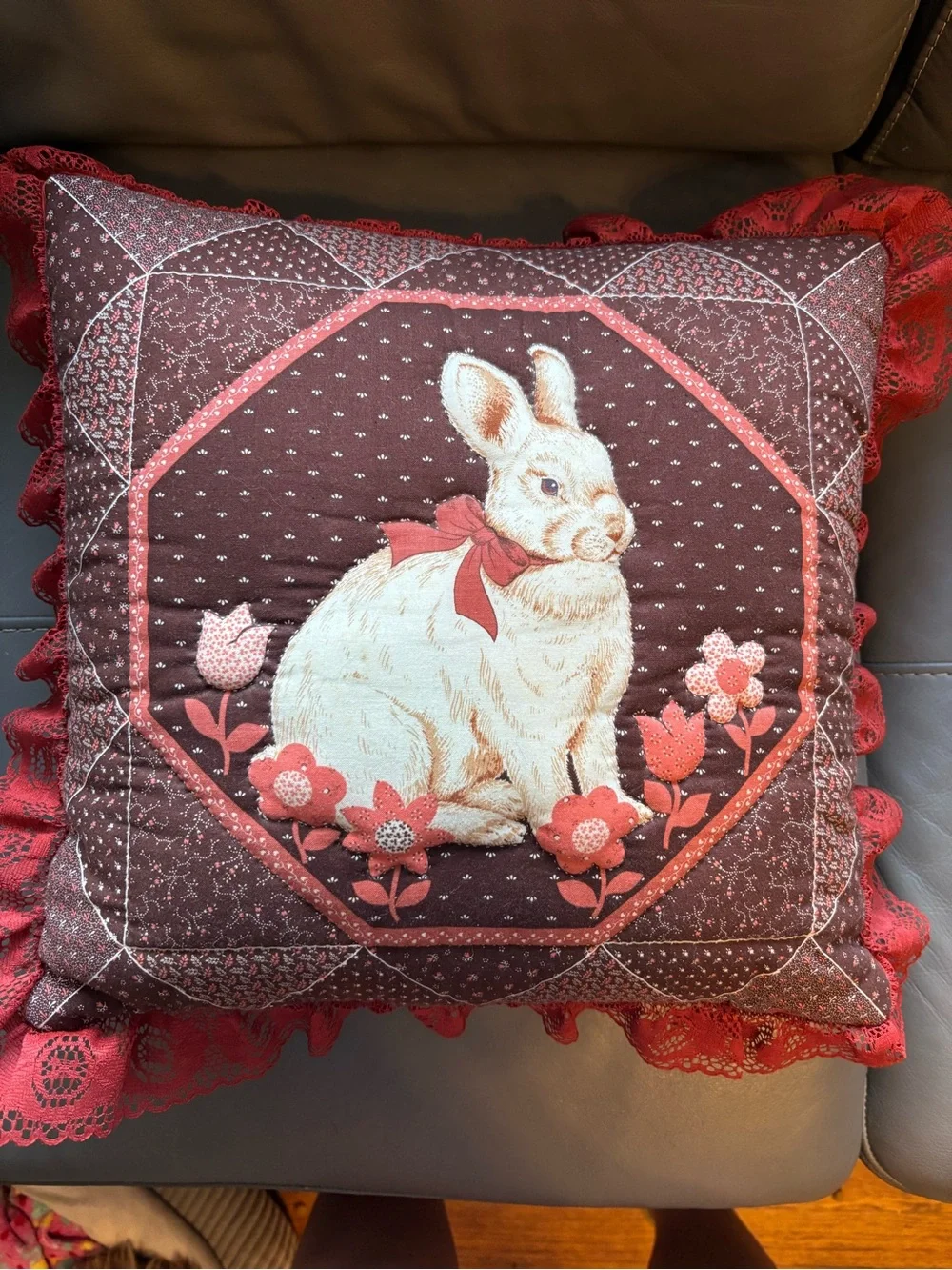 VintageEaster Rabbit Square Decorative Throw Pillow Floral Embroidered Lace Trim